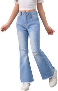 SHENHE Girl's High Waisted Flare Leg Jeans Split Raw Hem Denim Pants with Pockets Light Wash 8Y