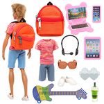 11 PCS Doll Travel Playset for Boy Doll 1 Outfit 1 Backpack 1 Guitar 1 Laptop 1 Cellphone 1 Pad 1 Sunglasses 1 Headset 3 Accessories for 12 Inch Boy Doll Travel Accessories (Doll NOT Include)