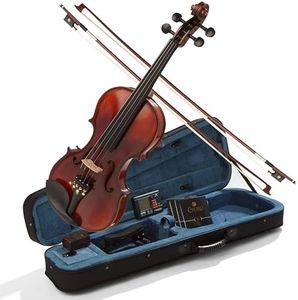 Mendini By Cecilio Violin - MV500+92D - Size 3/4, Black Solid Wood - Flamed, 1-Piece Violins w/Case, Tuner, Shoulder Rest, Bow, Rosin, Bridge & Strings - Adult, Kids