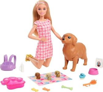 Barbie Doll & Pets, Blonde Doll with Mommy Dog, 3 Newborn Puppies with Color-Change Feature & Pet Accessories