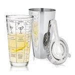 True 3-Piece Barware Set with 7 Cocktail Recipes and Measurements Printed on Mixing Glass, Includes Shaker Tin and Hawthorne Strainer, Glass and Stainless Steel