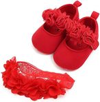 HsdsBebe 2pcs/Set Newborn Baby Girl Princess Mary Jane Shoes Toddler Infant Wedding Dress Flat Shoes with Free Headband, D/Flower Red, 12-18 Months Toddler