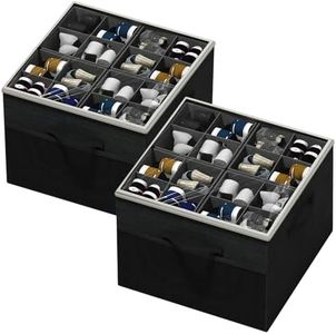 Aokeyee Shoe Organizer for Closet,2 Pack Foldable Shoe Storage Organizer Box Bin with Adjustable Dividers and Clear Cover, Fits up to 16-32 Pairs