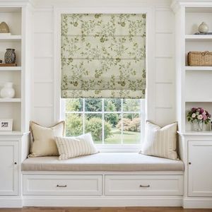 TWOPAGES Cordless Vintage Floral Print Roman Shades Linen Textured Roman Blinds for Windows, Custom Made Room Darkening Light Filtering Roman Window Shades Washable, Porcelain, 1 Piece