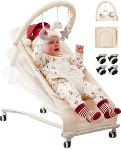 Cuddobaby Baby Bouncer for Newborn, Wheels with Brakes, Soft Plushies, 100% Cotton, Adjustable Bouncy Chair up to 20Lbs 0-6, 3-6, 6-12 Months - Oat