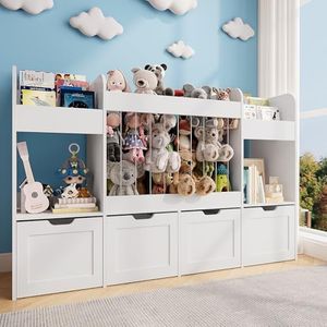 63"W Toy Storage Organizer, 132L Stuffed Animal Holder with 4 Rolling Drawers, 3-Tier Kids Bookshelf and 2 Storage Cubes, 4-in-1 Plush Toy Shelf for Playroom, Toddler Bookcase for Nursery, White