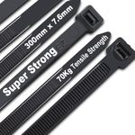 Cable Ties Black,300mm×7.6mm Heavy Duty with 70 kg Tensile Strength Large UV Resistant Strong Nylon Cable Zip Ties(100 Pieces)