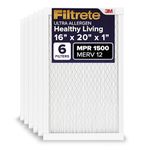 Filtrete 16x20x1 Air Filter, MPR 1500, MERV 12, Healthy Living Ultra-Allergen 3-Month Pleated 1-Inch Air Filters, 6 Filters