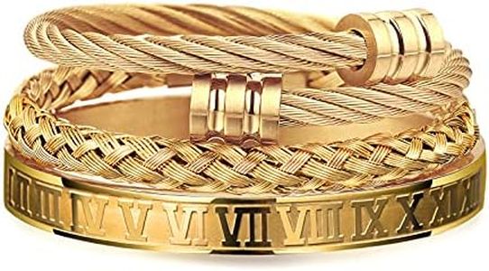 WFYOU 3PCS Stainless Steel Bracelets for Men Gold Roman Numeral Bangle Twisted Cable Adjustable Cuff Bracelet Mens Luxury Jewelry Gifts