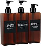 Segbeauty Square Emulsion Bottle, 3pcs 16.9oz/500ml Refillable Cosmetic Pump Dispenser with Labels, Reusable Plastic Lotion Dispenser, Shower Container for Body Soap Conditioner Bathroom Hotel -Amber