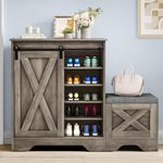 DWVO Farmhouse Shoe Storage Cabinet with Bench, 5-Tier Shoe Cabinet with Adjustable Shelves for 20 Pairs, Narrow Slim Shoe Cabinet with Sliding Door for Entryway, Hallway, Living Room (Washed Grey)