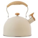 LYTDMSKY Tea Kettle, Stove Top Kettle, Whistle Kettle for Stovetop, 2.5L Food Grade Stainless Steel Tea Pot Stovetop for Tea Coffee Milk, Folding Wood Handle Farmhouse Whistling Kettle, Beige