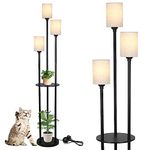 Rayofly Floor Lamp with Shelves, Modern Floor Lamps for Living Room, 3-Lights Standing Lamp with Linen Shades and Foot Switch, Industrial Standing Lamps for Bedroom, Black Tall Lamp for Office, Corner