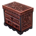 NOVICA Women's Leaf And Tree Leather and Wood Jewelry Box, Brown, Symbolic Leaves'