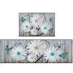 Nesphy Daisy Kitchen Rugs and Mats Non Skid Washable Set of 2, Yellow Teal Butterfly Kitchen Floor Mats, Rustic Wooden Kitchen Runner Rug, Vintage Kitchen Decor