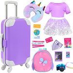 K.T. Fancy 23 pcs 18 Inch Doll Accessories Suitcase Travel Luggage Play Set for 18 Inch Doll Travel Carrier, Sunglasses Camera Computer Phone Pad Travel Pillow Passport Tickets Cashes