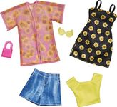 Barbie Fashions 2-Pack Clothing Set, 2 Outfits Doll Include Shirt, Shorts & Kimono, Sleeveless Sunflower Dress & 2 Accessories