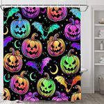 Colorful Pumpkin Shower Curtain Cartoon Happy Halloween Scary Pumpkin Bat Star Moon Dark Night Gothic Magic Mysterious Horror Spooky Fantasy Blacklight Fabric Bathroom Decor Curtains with Hooks