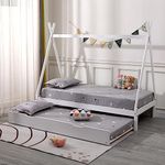 SlumberWorx HARRY KIDS WOODEN TEEPEE TENT SINGLE BED FRAME OPTIONAL TRUNDLE & MATTRESS - GREY/WHITE (White With Guest Trundle, No Mattress)