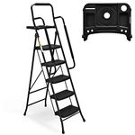 Soctone 5 Step Ladder with Handrails, 3.8 FT Folding Step Stool with Tool Platform, Portable Steel Ladder for Adults, 150 KG/330LBS Capacity Ladder for Library Office Home Kitchen, Black