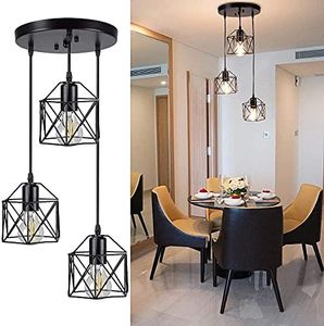 Depuley Vintage Pendant Light, 3-Light Adjustable Hanging Pendant Lights Fixture with Cage Shade, Industrial Design Pendant Lamp for Kitchen/Dining Room/Hallway, E27 Base Black