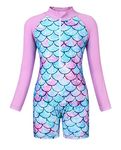 AmzBarley Girl's UV Protection Mermaid Swimsuit Children One-Piece Long Sleeve Swimwear Swimming Costume Kids Rash Guard Swim Outfit Wetsuit Purple Age 2-3 Years Size 100