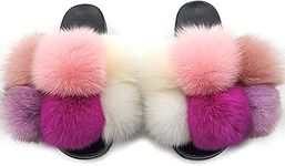 Womens Real Fox Fur Ball Slides Flip Flop Fluffy Slippers Girls Sand Sandals US 11,Multicolor-11