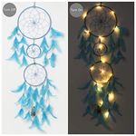 ILU® Dream Catcher with Lights, Wall Hangings, Crafts, Home Décor, Handmade for Bedroom, Balcony, Garden, Party, Café, Decoration, Wedding, Decorative, Blue Feathers (17 cm Diameter)