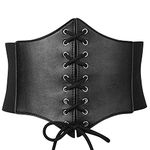 JASGOOD Women Elastic Lace-up Corset Belt Tied Waspie Wide Belts Costume Stretch Waist Belt for Halloween, Black, XS