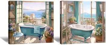 LYUNSHUO Bathroom Canvas Wall Art 2 Piece Teal Bathtub with Flower Pictures Prints Seascape Painting Relax Soothe Artwork for Home Decorations(Artwork-2,16.00"x16.00"x2P)