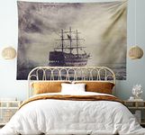 Ambesonne Nautical Tapestry King Size, Old Pirate Ship in The Sea Historical Cruise Retro Voyage Grunge Style Art, Wall Hanging Bedspread Bed Cover Wall Decor, King Size, Plum Tan