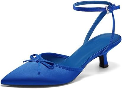 Coutgo Satin Kitten Low Heels with Bow Closed Pointed Toe Short Pumps Dress Wedding Party Shoes, Blue, Size 6.5