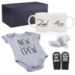 Pregnancy Gifts for First Time Moms – Mom and Dad Est 2024 11 oz Mug Set with Romper (0-3 Months) and Baby Socks ​- Top New Parents Gifts for Mom and Dad to Be