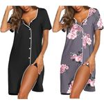 Ekouaer Women's Nightshirt Short Sleeve Button Down Nightgown 2 Pack Sleepshirt Soft Sleepwear Black & Floral Pattern Medium