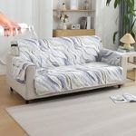 HOKIPO Polyester Quilted Printed Waterproof Sofa Cover Mat For 3 Seater Sofa With Pockets On Armrest Cover - Curved Lines Pearl White (AR-5228-P1)
