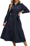 CCTOO Women Long Sleeve Dress: Turn Down Collar Button Up Ruffle Hem Maternity Nursing Vacation Holiday Sundress with Belt Navy Blue X-Large