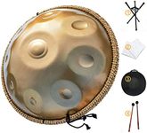 AS TEMAN HANDPAN Drum D minor 9 notes 22 inches, 432Hz, with gold finish, carrying bag, stand, cleaning cloth, drumstick.