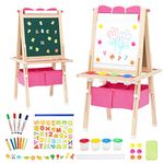 Art Easel for Kids Wooden Kids Easel Double Sided Adjustable Standing Whiteboard and Blackboard with Storage, Painting Art Present for Girls and Boys