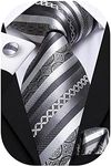 Hi-Tie Silk Ties for Men Plaid Paisley Striped Necktie Pocket Square Cufflinks Set Formal Business,Gray Silver