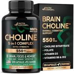 Choline Supplement 550mg - Choline Bitartrate 100% Daily Value - 5-in-1 Complex with Folate, Vitamins D3, B6 & B12 - Brain & Nervous System Support, Safe for Pregnancy - Vegan, NON-GMO - 120 Capsules