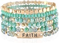 Bohemian Multi-Layer Beaded Stacking Statement Bracelets - Versatile Stretch Strand Sparkly Crystal Beads Wrap Slip-on Cuff Bangle Set (6-Layer Message Bracelet - Faith Turquoise)