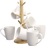Coffee Mug Set of 6 Ceramic Coffee Cups 12 oz. Elegant White with A Free Stand - Mug Holder Tree - Wood Organizer Rack with 6 Hook Hangers - Cup Stand for Kitchen Counter Tops - by DecorDine
