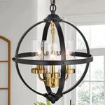 Treekee Rustic Chandelier, 14" Black and Gold Globe Pendant Chandelier, 3-Light Adjustable Ceiling Hanging Light for Kitchen, Dining Room, Living Room, Hallway, Bedroom, Entryway