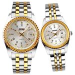 SKMEI Watches for Couples Men and Women His and Hers Pair Watch Set Husband Wife Valentines Matching Wedding Gifts Classic Stainless Luxry Business Waterproof Quartz Analog Wrist Watch, 9098 Gold