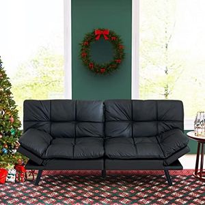 Vyfipt Futon Bed/Couch,Black Faux Leather Memory Foam Small Splitback Convert Backrests&Armrests,Easy to Clean Sofas, 71x33x31.5IN