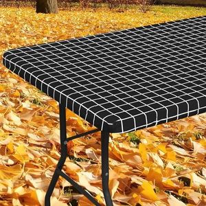 Spotjoy Rectangle Table Cloth, Elastic Fitted Flannel Backed Plastic Table Covers for 8 Foot Folding Tables, Waterproof Vinyl Tablecloths for Picnic, Camping, Indoor and Outdoor (Black, 30 x 96 inch)