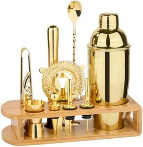 Wukuna Cocktail Shaker Set Bartender Kit : 12-Piece Bar Tool Set with Bamboo Stand | Bar Set with All Practical Bar Accessories, for Drink Mixing, Bar, Home, Lounge & Party (Gold)