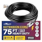 75 ft Power Extension Cord Outdoor & Indoor Heavy Duty 12 Gauge/3 Prong SJTW (Black) Lighted end Extra Durability 15 AMP 125 Volts 1875 Watts by LifeSupplyUSA