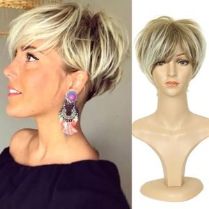 QUEENTAS Short Blonde Wigs for Women Layered Blonde Mixed Brown Pixie Cut Wig with Bangs Synthetic Short Hair Replacement Wig