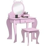 Qaba Kids Vanity Set with Mirror and Stool, Makeup Vanity Table for Children 3-6 Years Old, with Drawer Storage Boxes